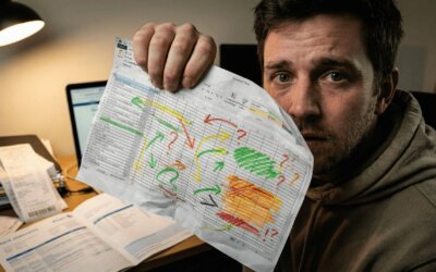 Freelancer hält verzweifelt eine ausgedruckte Excel-Tabelle mit bunten Markierungen und Fragezeichen in die Kamera