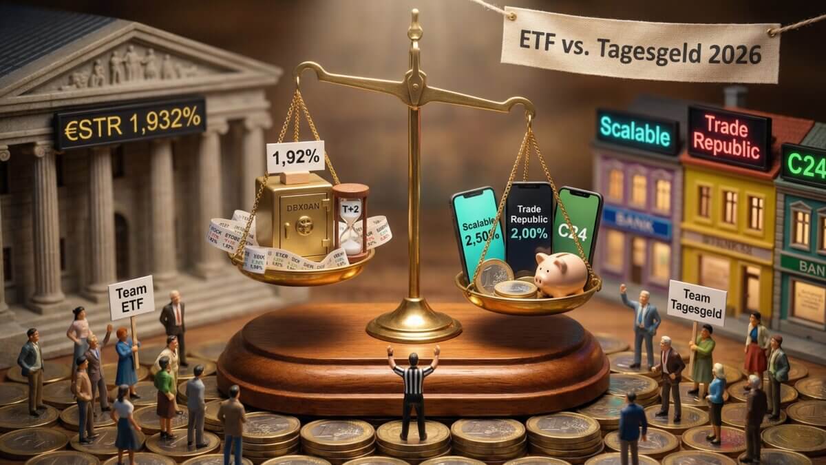 Miniatur-Diorama mit Messingwaage auf Euromuenzen-Arena, links goldener Tresor DBX0AN mit 1,92 Prozent und Sanduhr T+2, rechts Neobank-Smartphones Scalable 2,50 Prozent und Trade Republic 2,00 Prozent mit Sparschwein, Schiedsrichter-Figur in der Mitte