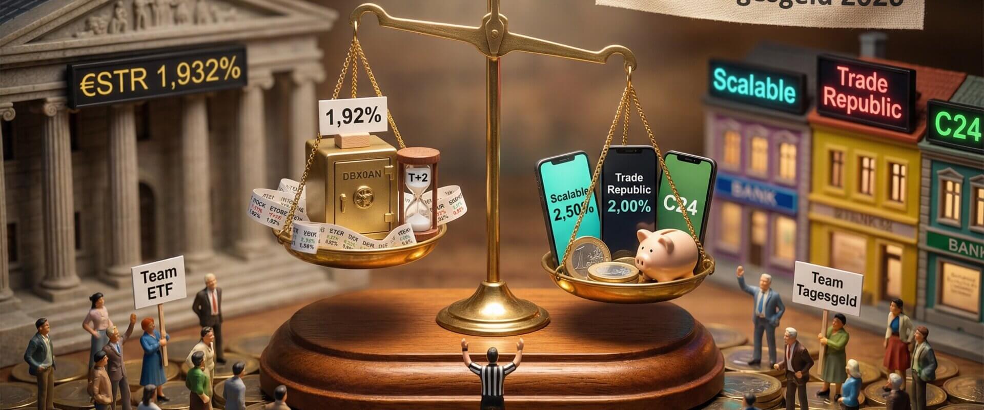 Miniatur-Diorama mit Messingwaage auf Euromuenzen-Arena, links goldener Tresor DBX0AN mit 1,92 Prozent und Sanduhr T+2, rechts Neobank-Smartphones Scalable 2,50 Prozent und Trade Republic 2,00 Prozent mit Sparschwein, Schiedsrichter-Figur in der Mitte