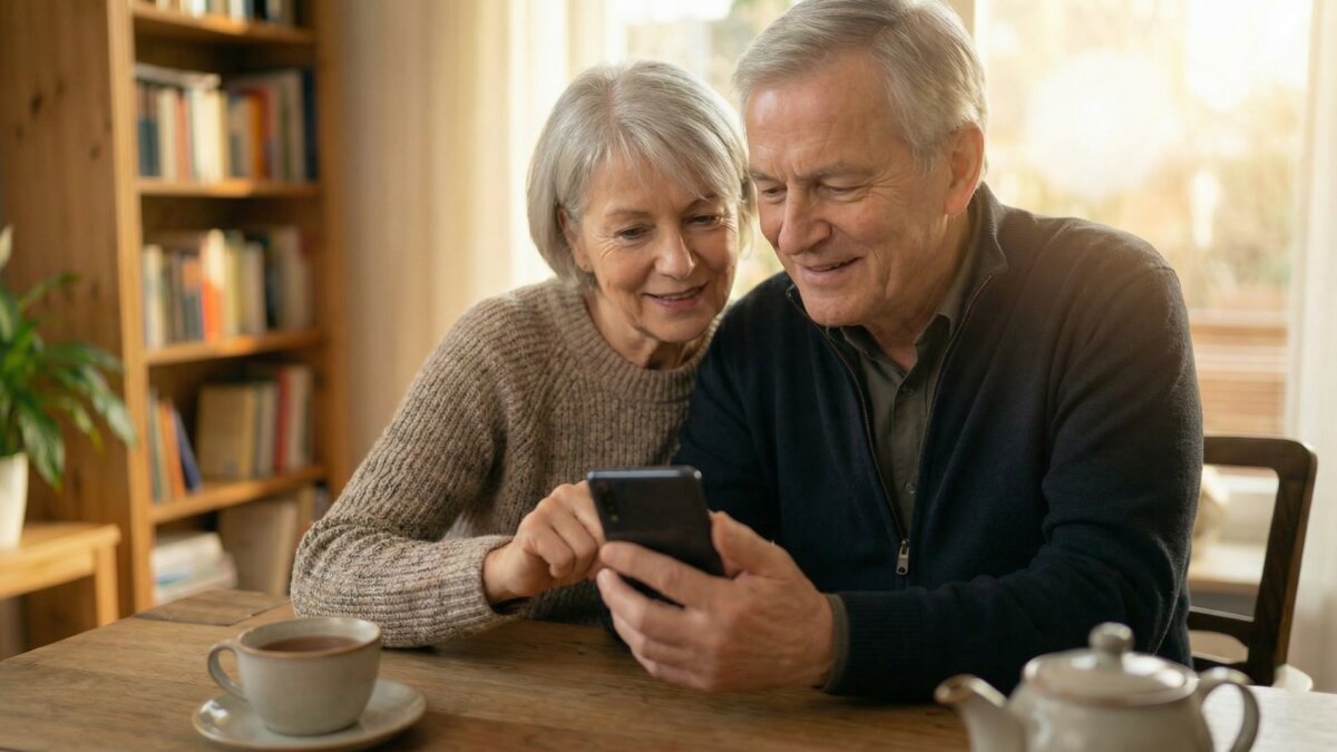 Älteres Ehepaar schaut gemeinsam auf ein Smartphone am Wohnzimmertisch, entspannte und vertraute Atmosphäre, warmes Nachmittagslicht