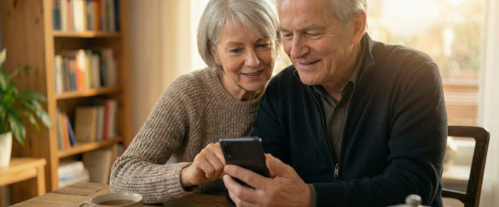 Älteres Ehepaar schaut gemeinsam auf ein Smartphone am Wohnzimmertisch, entspannte und vertraute Atmosphäre, warmes Nachmittagslicht
