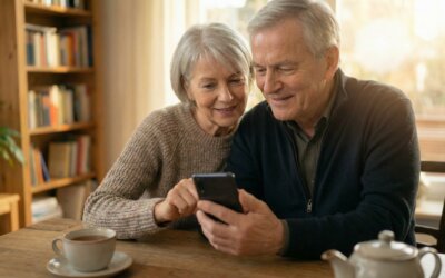 Älteres Ehepaar schaut gemeinsam auf ein Smartphone am Wohnzimmertisch, entspannte und vertraute Atmosphäre, warmes Nachmittagslicht