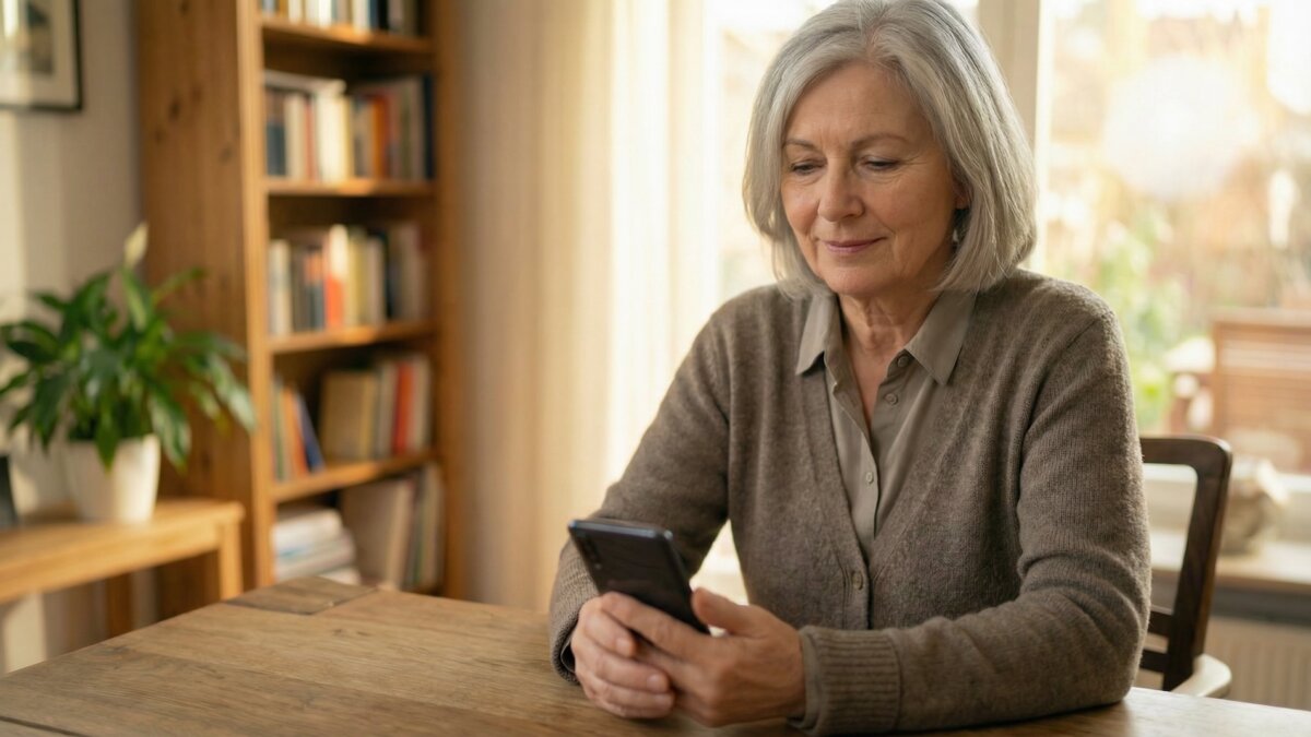 Ältere Frau hält entspannt ihr Smartphone am Wohnzimmertisch, ruhige und selbstbestimmte Körpersprache, weiches Nachmittagslicht
