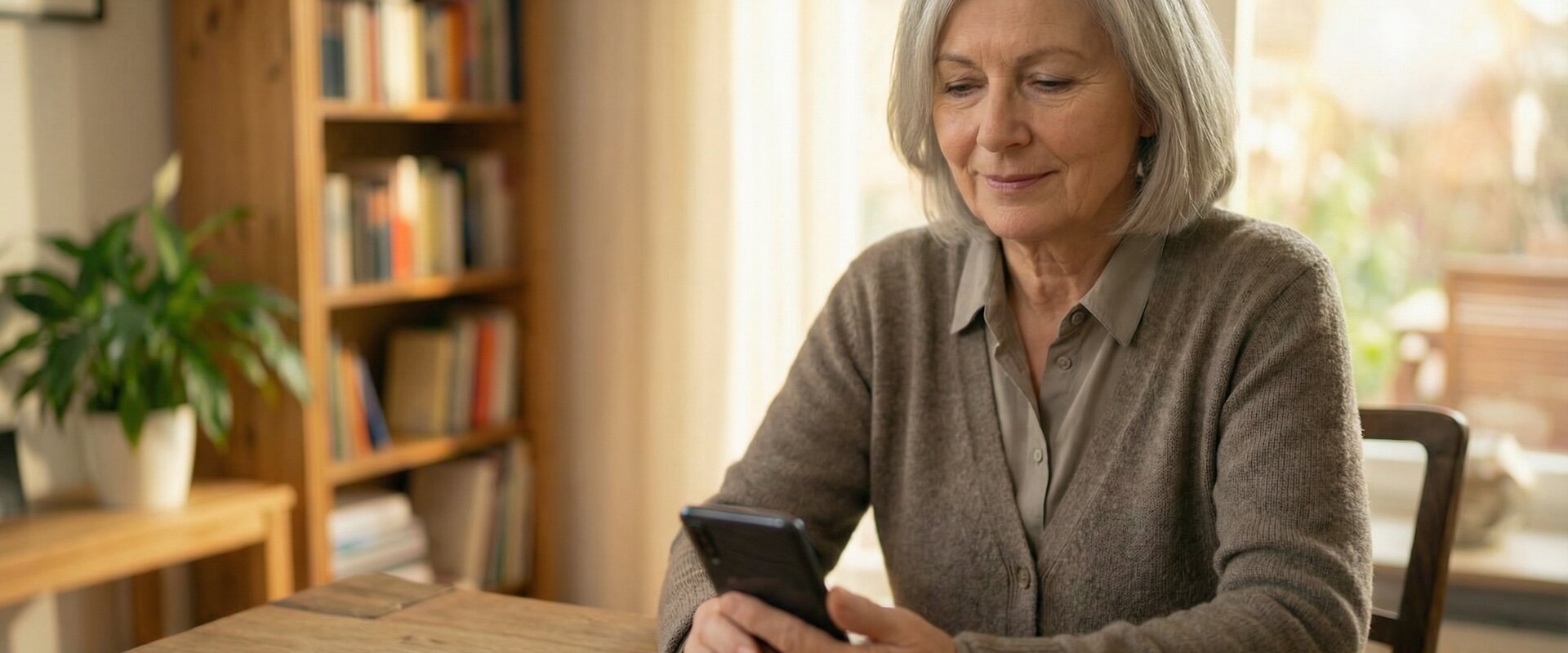 Ältere Frau hält entspannt ihr Smartphone am Wohnzimmertisch, ruhige und selbstbestimmte Körpersprache, weiches Nachmittagslicht