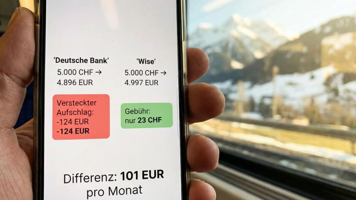 Smartphone zeigt Wechselkursvergleich: Deutsche Bank verliert 124 Euro pro Überweisung, Wise kostet nur 23 Franken