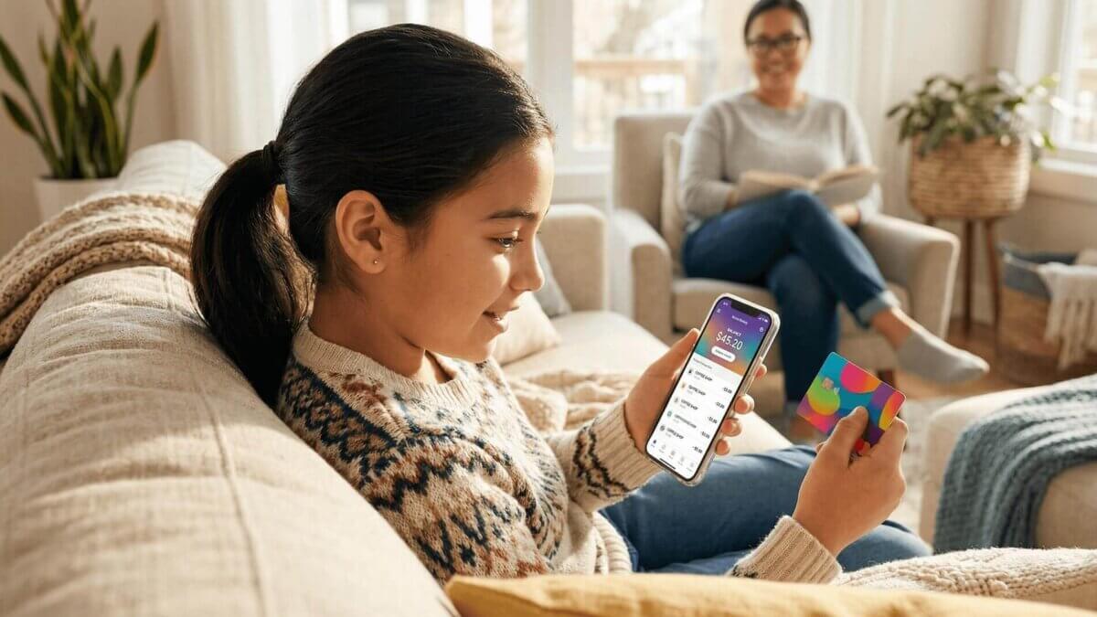 Ein Mädchen (~12 Jahre) schaut konzentriert auf ihr Smartphone mit einer Banking-App (Kontostand + Transaktionsliste sichtbar) und hält gleichzeitig ihre bunte Debitkarte – die Mutter sitzt entspannt lesend im Hintergrund.