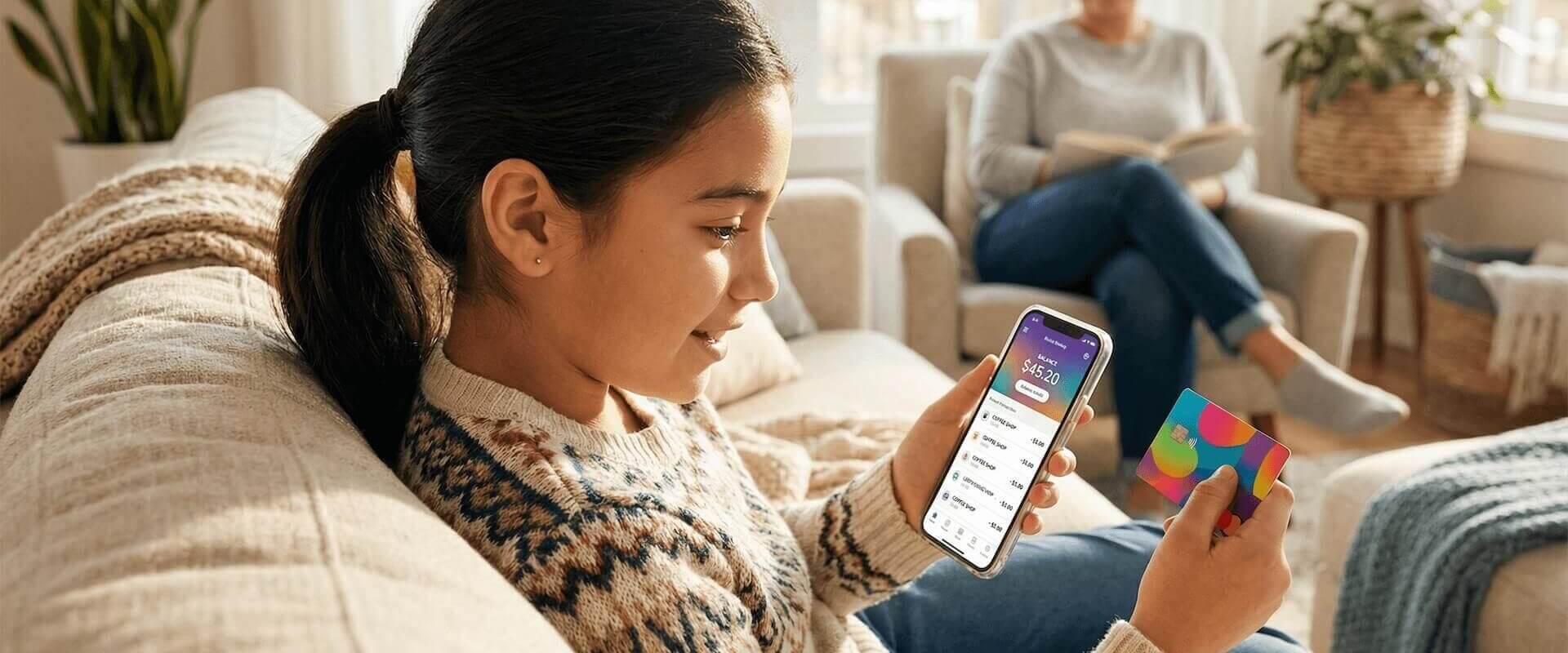 Ein Mädchen (~12 Jahre) schaut konzentriert auf ihr Smartphone mit einer Banking-App (Kontostand + Transaktionsliste sichtbar) und hält gleichzeitig ihre bunte Debitkarte – die Mutter sitzt entspannt lesend im Hintergrund.