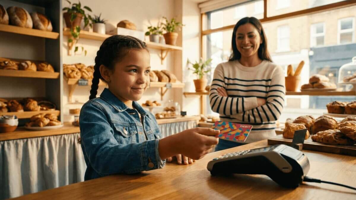 Das Bild zeigt ein Mädchen (~11 Jahre), das selbstständig mit einer bunten Debitkarte in einer Bäckerei bezahlt – die Mutter steht lächelnd im Hintergrund.