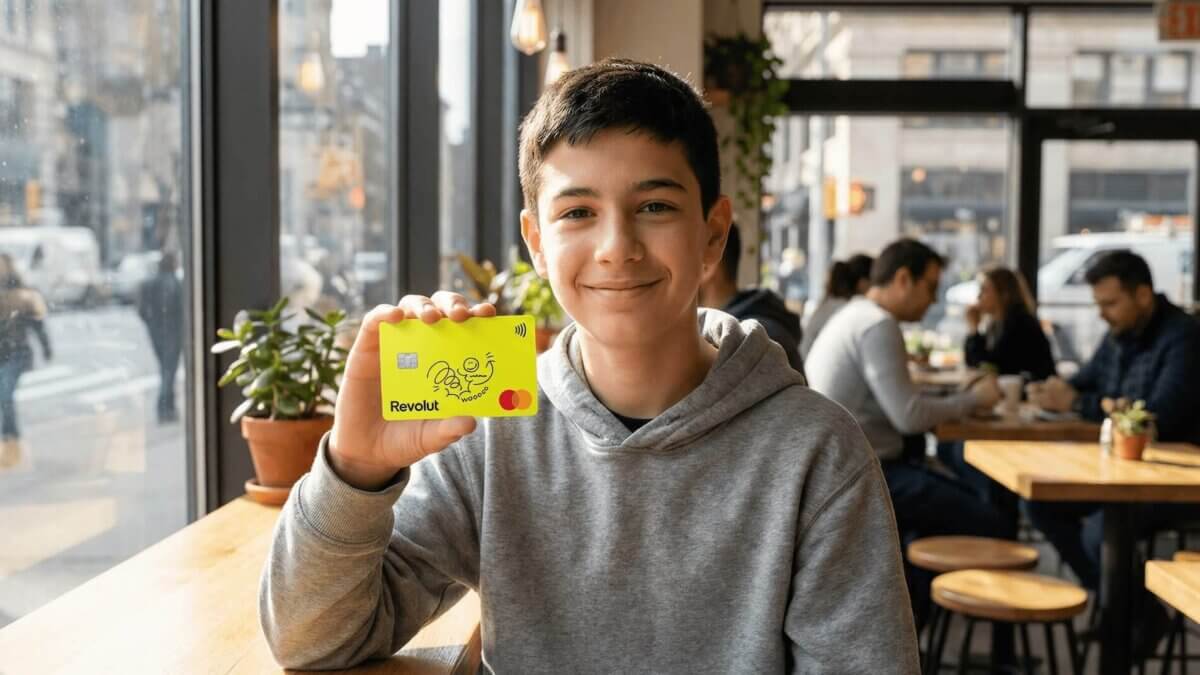 Ein Teenager (~13 Jahre) im grauen Hoodie hält die charakteristische knallgelbe Revolut-Karte mit dem „Revolut"-Schriftzug, dem Doodle-Cartoon und dem Mastercard-Logo – in einem urbanen Café mit Stadtblick im Hintergrund.