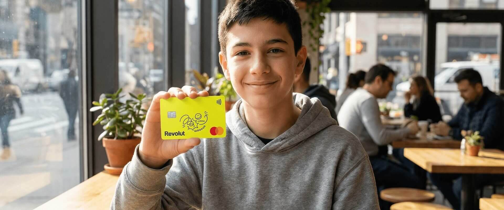 Ein Teenager (~13 Jahre) im grauen Hoodie hält die charakteristische knallgelbe Revolut-Karte mit dem „Revolut"-Schriftzug, dem Doodle-Cartoon und dem Mastercard-Logo – in einem urbanen Café mit Stadtblick im Hintergrund.