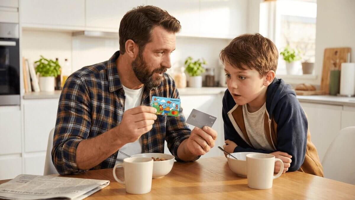 Ein Vater hält beim Frühstück beide Optionen gleichzeitig in die Höhe – links eine bunte, spielerische Prepaid-Karte (Taschengeldkarte), rechts eine klassische schlichte Debitkarte (Kinderkonto) – während der Sohn neugierig und leicht überrascht zuschaut.