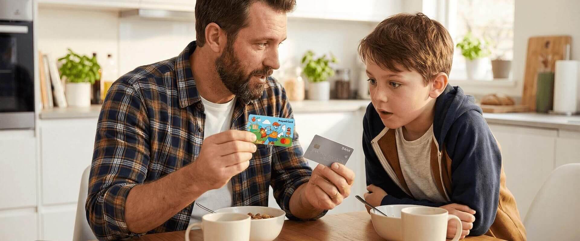 Ein Vater hält beim Frühstück beide Optionen gleichzeitig in die Höhe – links eine bunte, spielerische Prepaid-Karte (Taschengeldkarte), rechts eine klassische schlichte Debitkarte (Kinderkonto) – während der Sohn neugierig und leicht überrascht zuschaut.