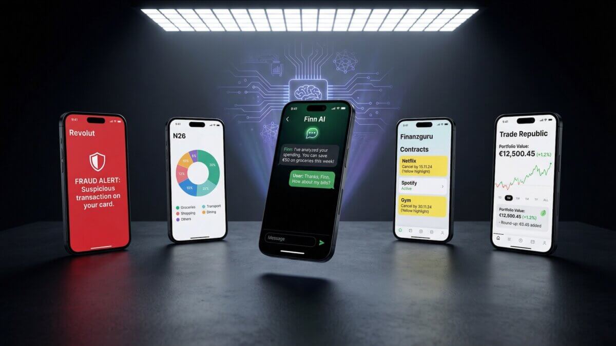 Fünf Smartphones zeigen KI-Features verschiedener Neobanken im Vergleich: bunq Finn AI, Revolut Betrugserkennung, N26 Kategorisierung, Finanzguru Verträge, Trade Republic Portfolio