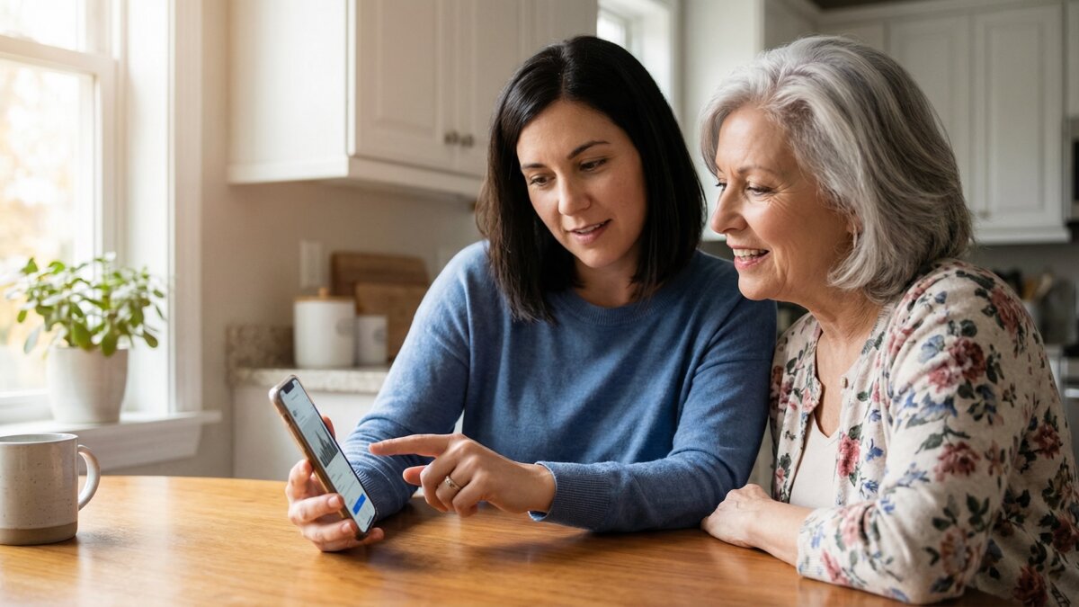 Erwachsene Tochter erklärt ihrer Mutter am Küchentisch eine Banking-App auf dem Smartphone, beide schauen interessiert auf den Bildschirm