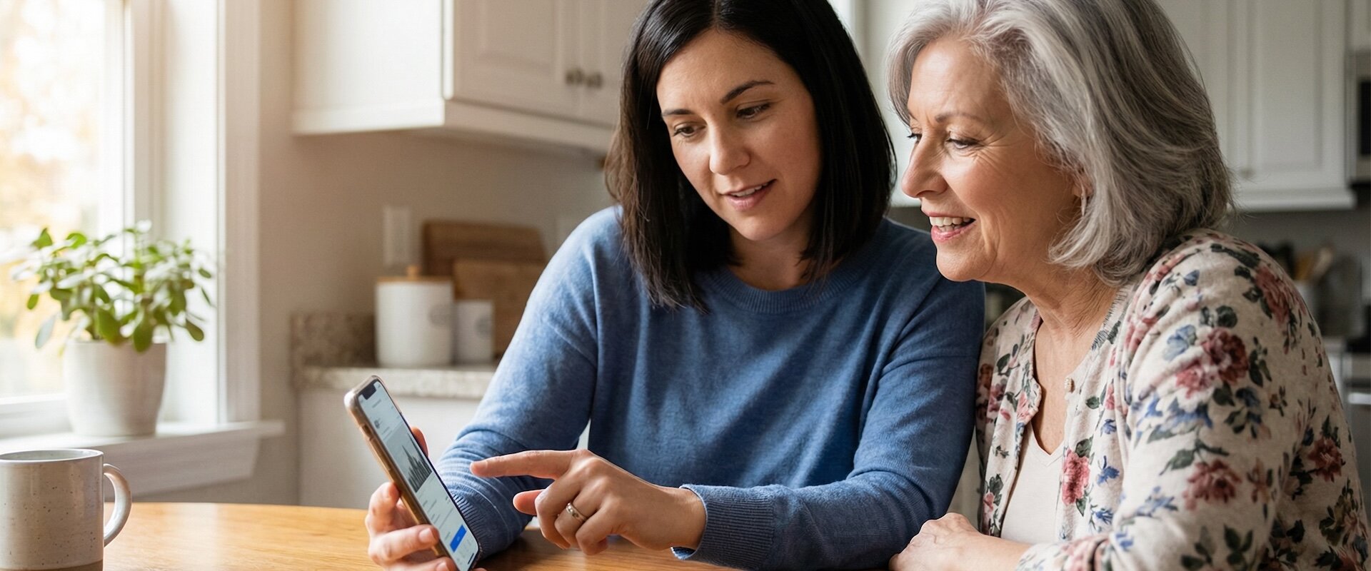 Erwachsene Tochter erklärt ihrer Mutter am Küchentisch eine Banking-App auf dem Smartphone, beide schauen interessiert auf den Bildschirm