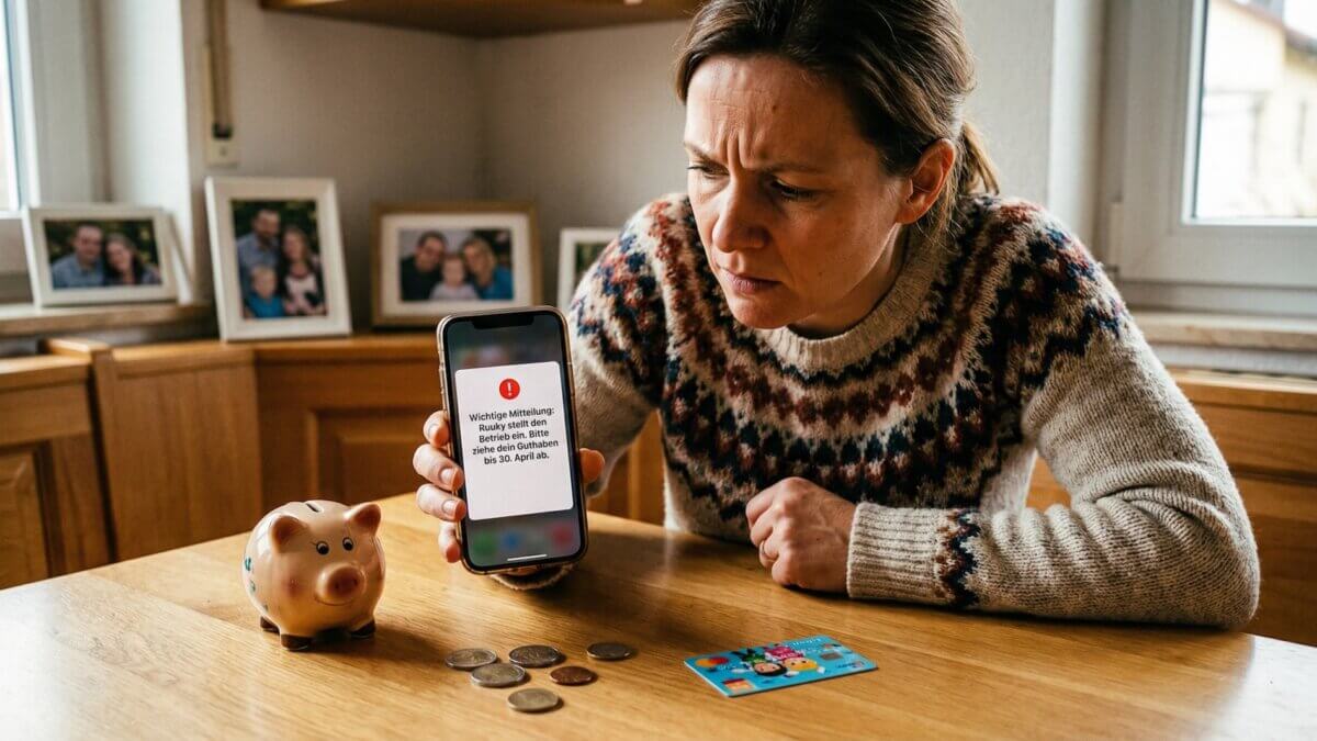 Mutter liest besorgt die Insolvenz-Mitteilung der Taschengeld-App Ruuky auf ihrem Smartphone, Sparschwein und Kinderkarte auf dem Küchentisch