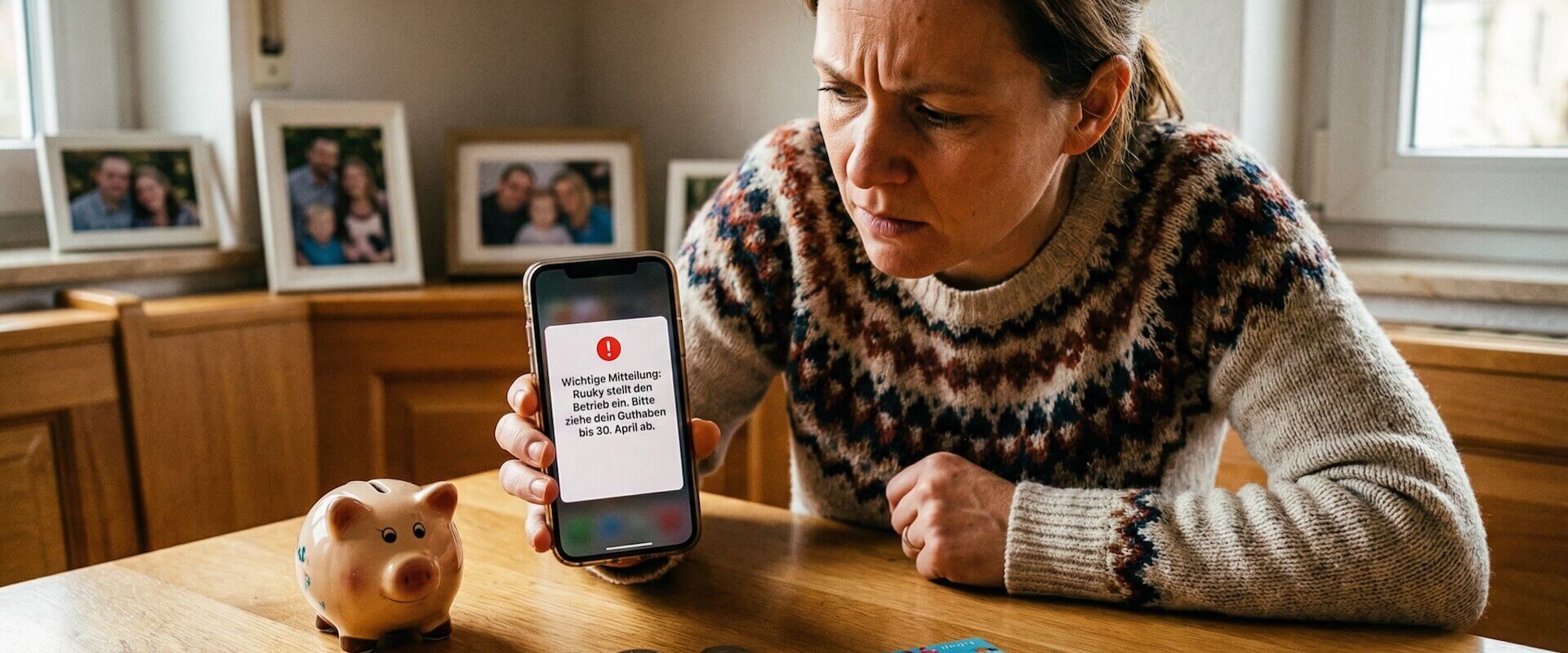 Mutter liest besorgt die Insolvenz-Mitteilung der Taschengeld-App Ruuky auf ihrem Smartphone, Sparschwein und Kinderkarte auf dem Küchentisch
