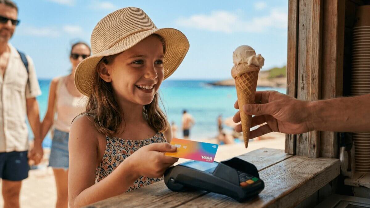 Mädchen (ca. 10) kauft sich am Strandkiosk in Spanien ein Eis und hält ihre bunte Visa-Debitkarte ans Kontaktlos-Terminal. Eltern unscharf im Hintergrund, türkisblaues Meer, Sonnenhut, Sommerkleid. Strahlendes Lächeln – der stolze Moment, zum ersten Mal selbst im Urlaub zu bezahlen.