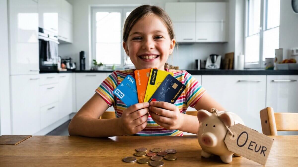 Mädchen hält vier kostenlose Kinderkonto-Bankkarten von DKB, ING, Comdirect und Commerzbank wie Spielkarten in die Kamera, Sparschwein mit 0 Euro Preisschild daneben