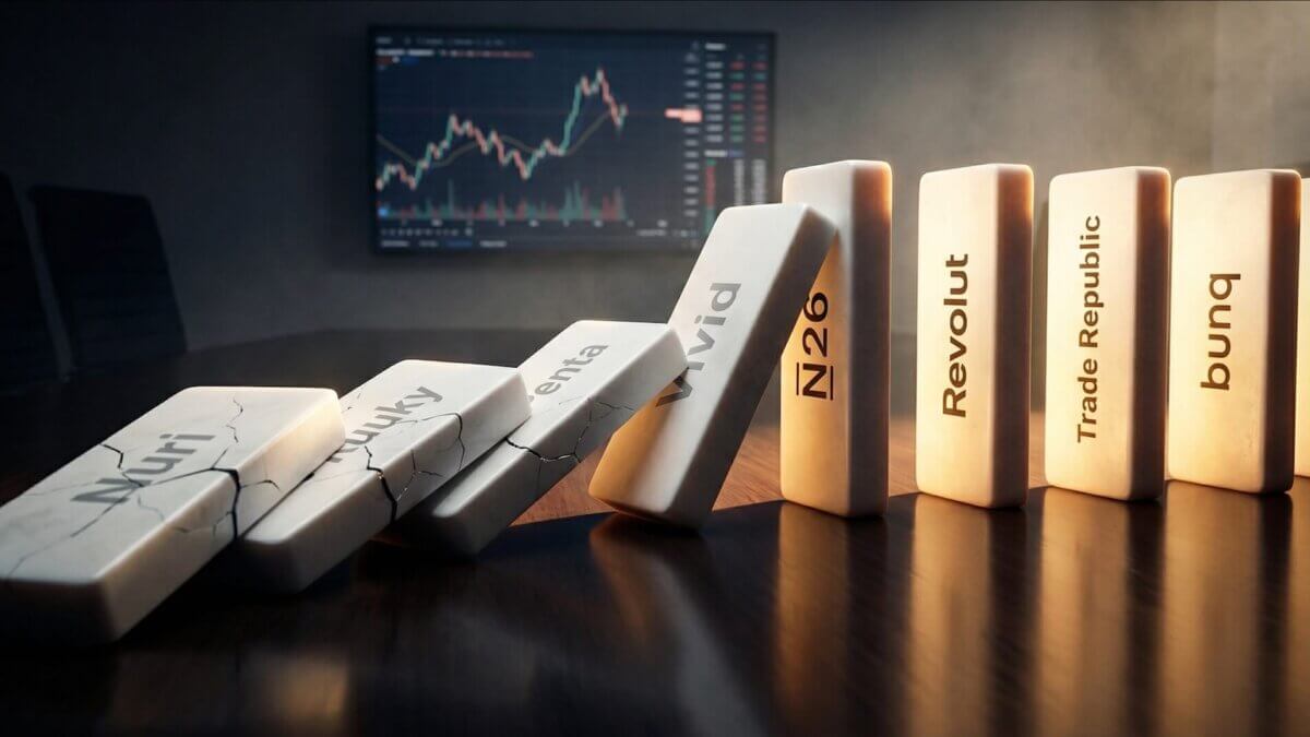 Domino-Steine mit Neobank-Namen: Nuri, Ruuky und Penta sind gefallen, N26, Revolut, Trade Republic und bunq stehen noch