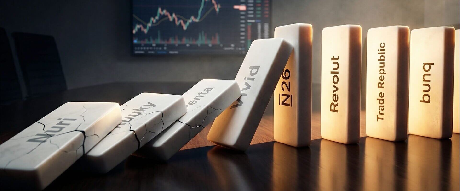 Domino-Steine mit Neobank-Namen: Nuri, Ruuky und Penta sind gefallen, N26, Revolut, Trade Republic und bunq stehen noch