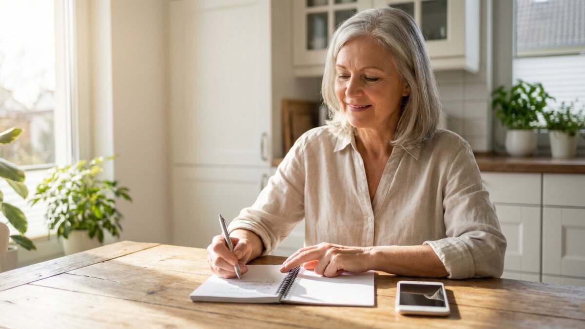 Ältere Frau hakt zufrieden einen Punkt in ihrem Notizbuch ab, Smartphone liegt daneben auf dem Küchentisch, entspanntes Lächeln