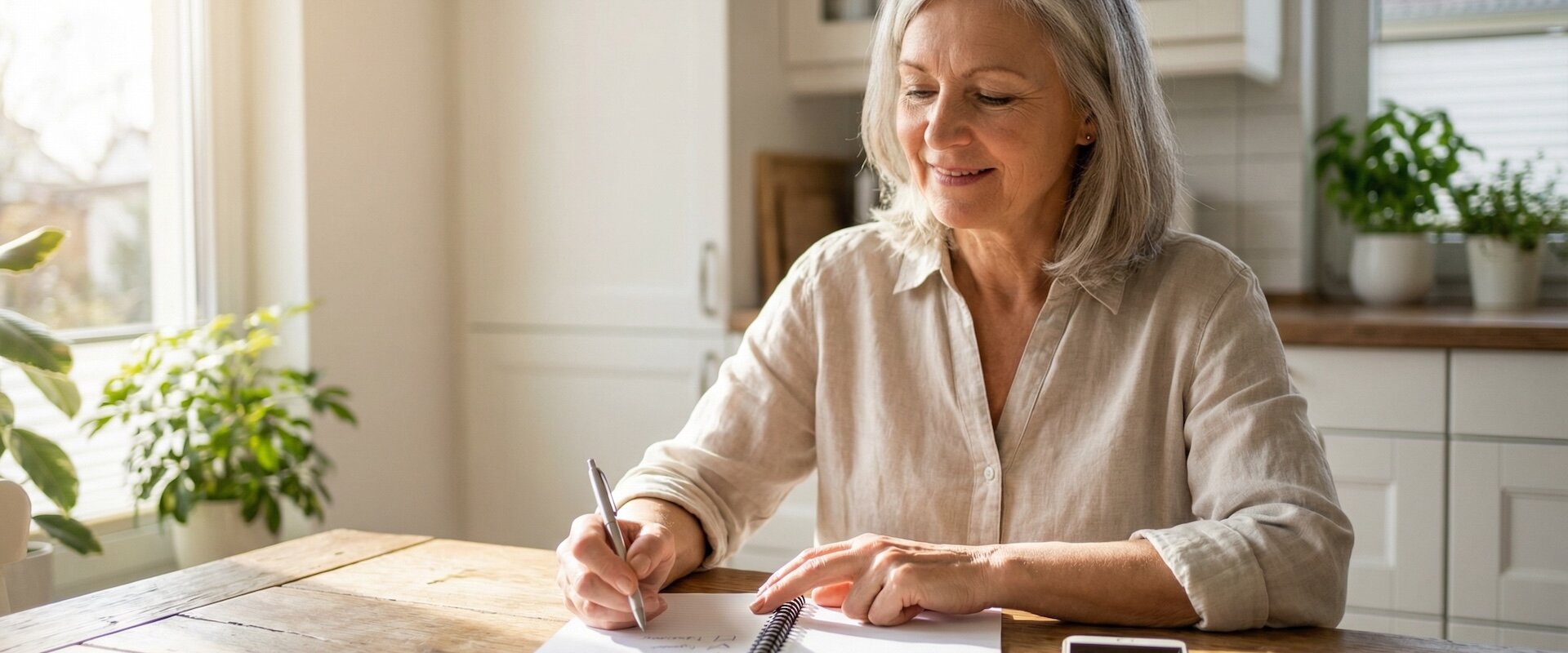 Ältere Frau hakt zufrieden einen Punkt in ihrem Notizbuch ab, Smartphone liegt daneben auf dem Küchentisch, entspanntes Lächeln