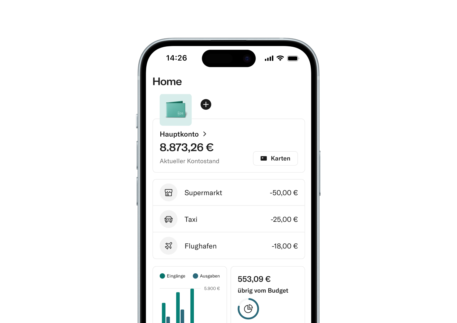 N26 Banking App zeigt Hauptkonto mit 8.873 Euro, Transaktionen und Budgetübersicht