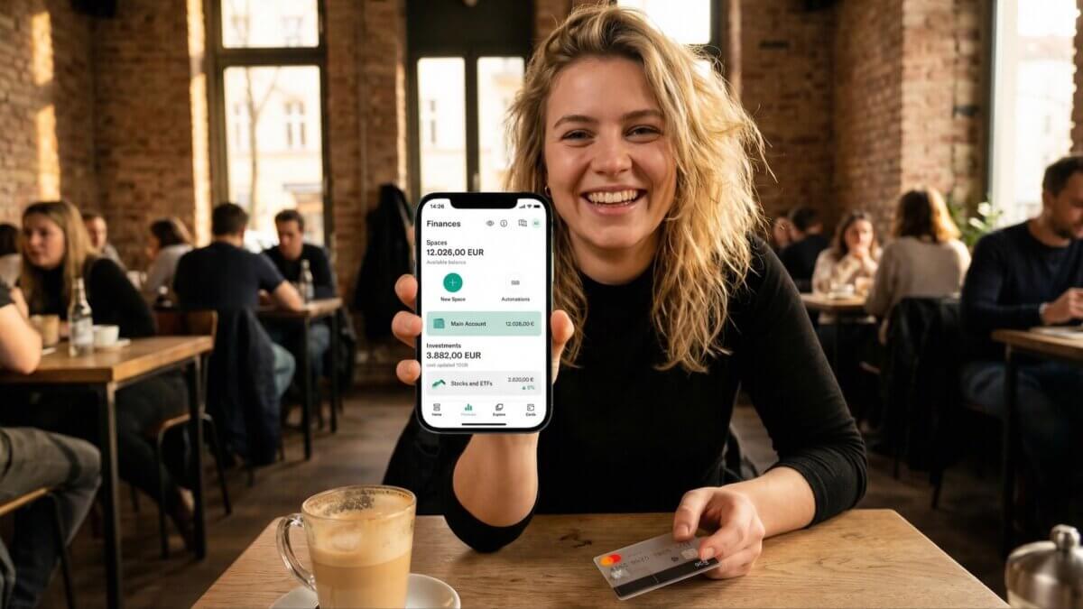 Junge Frau im Berliner Café zeigt N26 App mit Finances-Übersicht, 12.026 Euro Kontostand und 3.882 Euro Investments in Aktien und ETFs, transparente N26-Debitkarte in der Hand