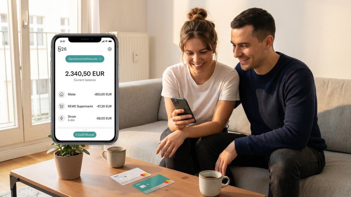 Junges Paar auf Sofa schaut gemeinsam auf N26 Gemeinschaftskonto App mit 2.340 Euro Kontostand und gemeinsamen Ausgaben, zwei N26-Karten auf dem Couchtisch