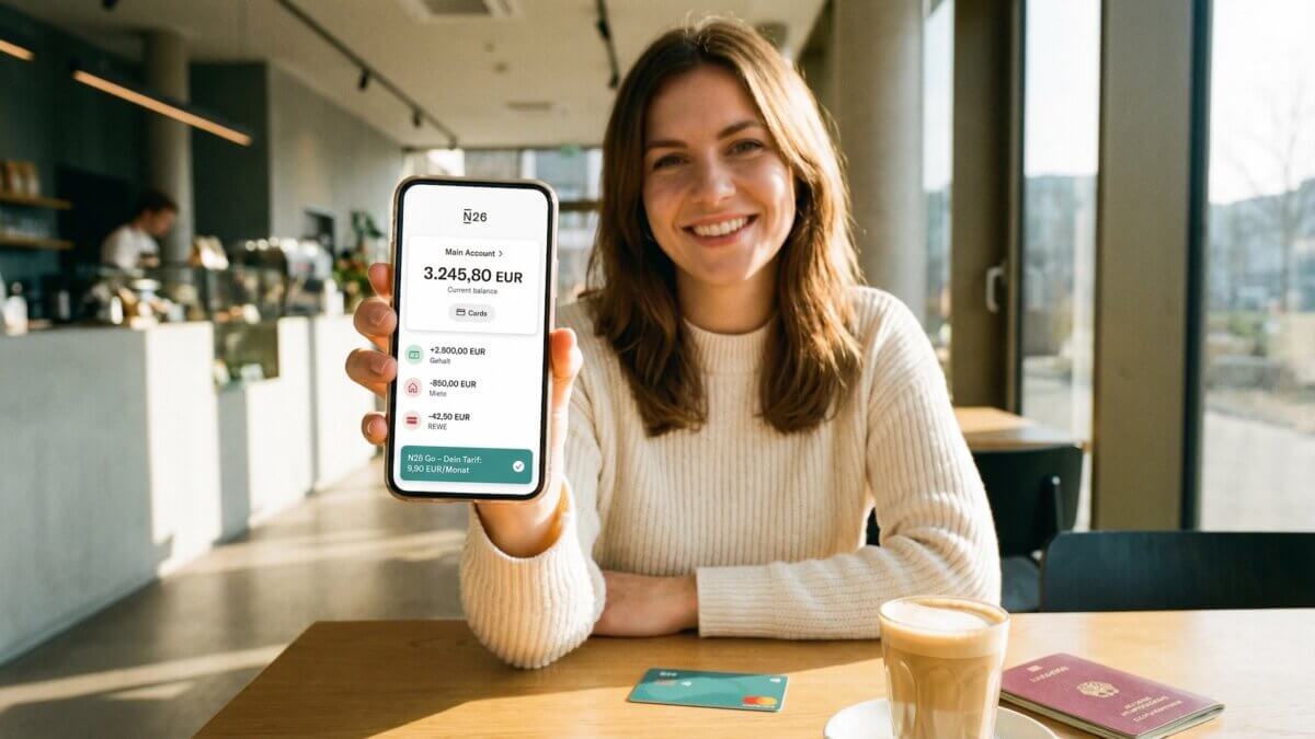 Laechelnde junge Frau im Cafe zeigt N26 App mit 3.245 Euro Kontostand und N26 Go Tarif fuer 9,90 Euro, teal N26-Karte und Reisepass auf dem Tisch
