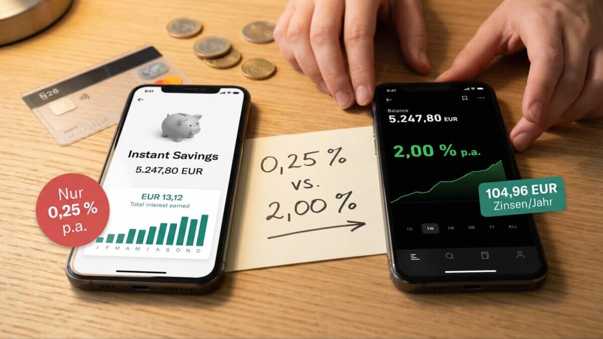 N26 Instant Savings mit 0,25 Prozent neben Trade Republic mit 2,00 Prozent auf Holztisch, handgeschriebener Zettel 0,25 vs 2,00 Prozent, N26-Karte und Euromuenzen