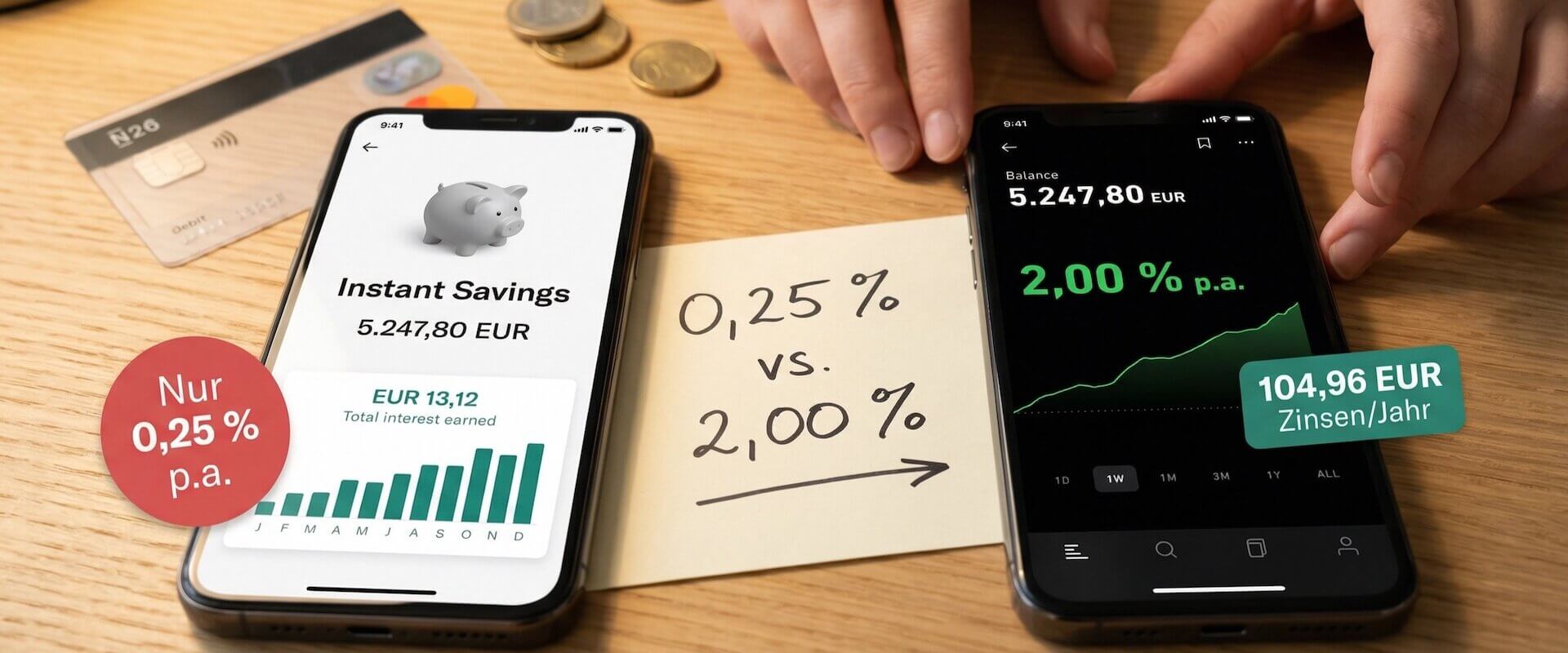 N26 Instant Savings mit 0,25 Prozent neben Trade Republic mit 2,00 Prozent auf Holztisch, handgeschriebener Zettel 0,25 vs 2,00 Prozent, N26-Karte und Euromuenzen