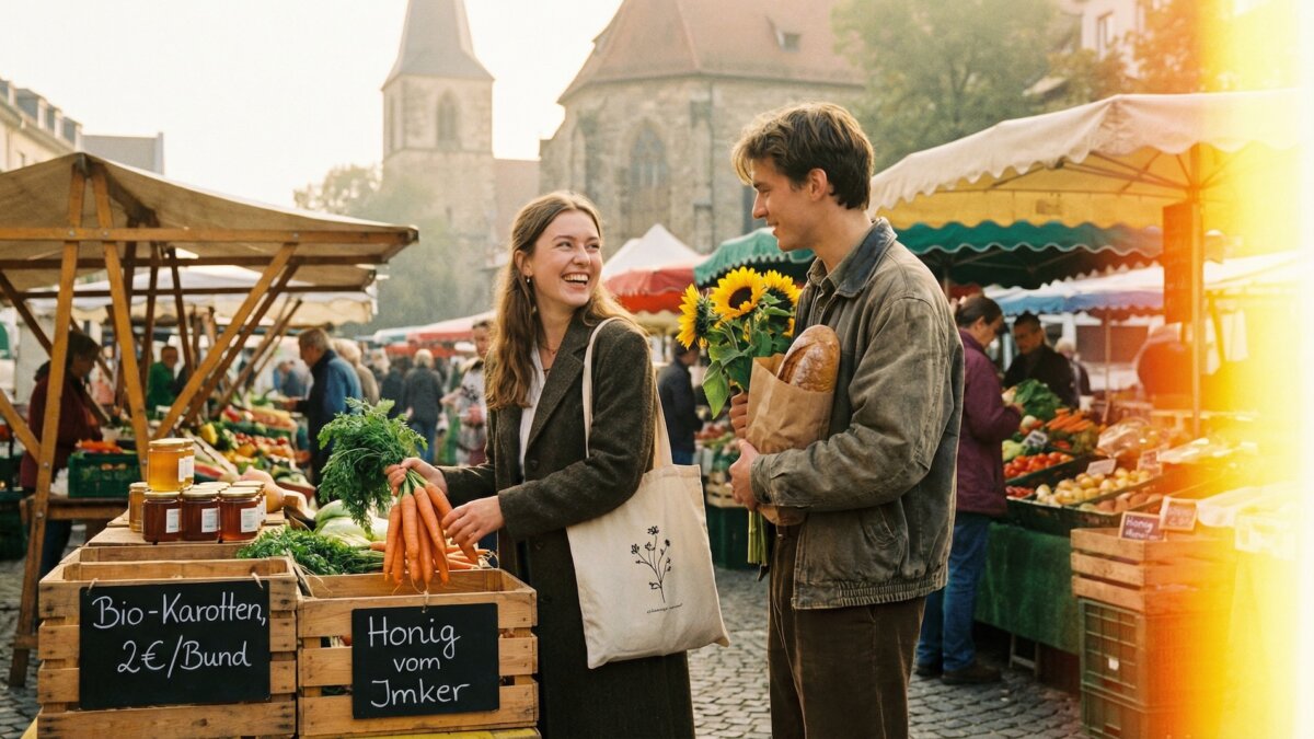 Zwei Studierende kaufen lachend frisches Gemüse auf einem sonnigen Wochenmarkt, Jutebeutel und Stofftaschen, warmes Filmkorn im Kodak-Portra-Stil
