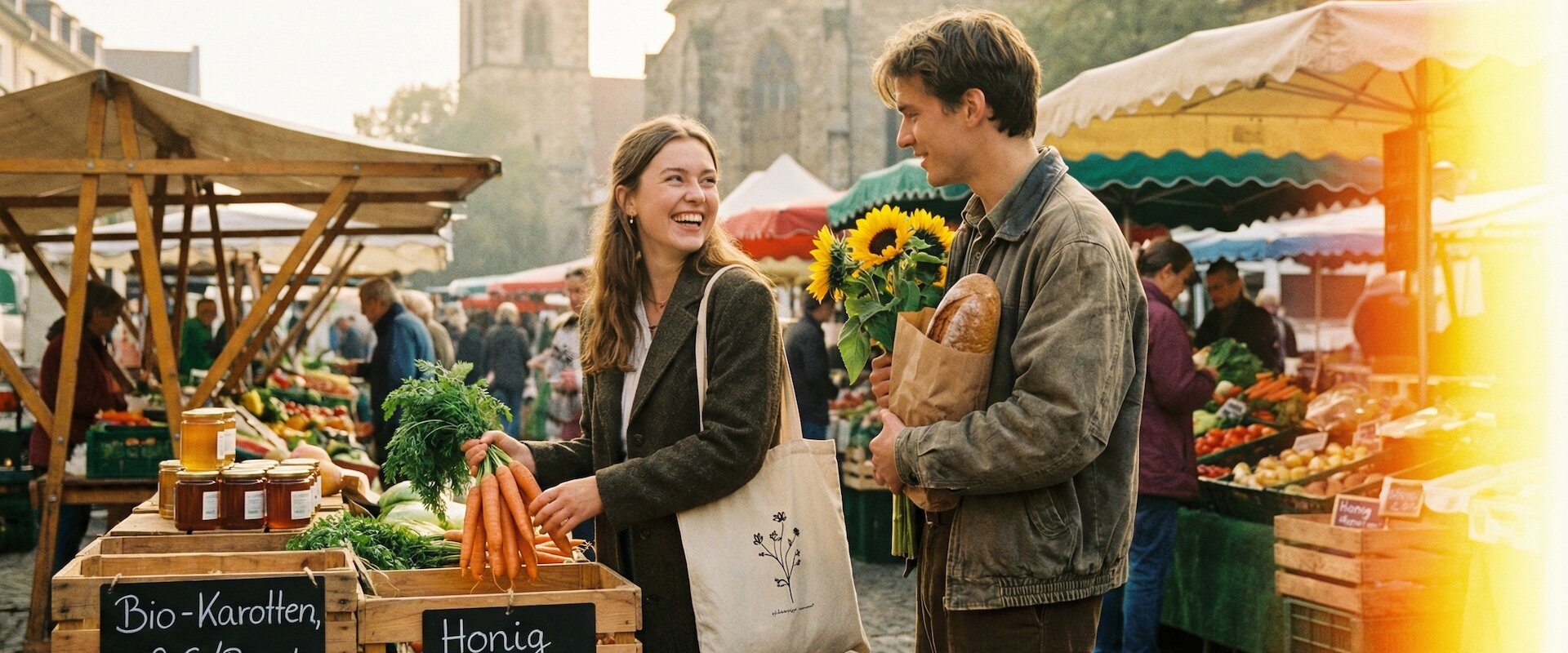 Zwei Studierende kaufen lachend frisches Gemüse auf einem sonnigen Wochenmarkt, Jutebeutel und Stofftaschen, warmes Filmkorn im Kodak-Portra-Stil