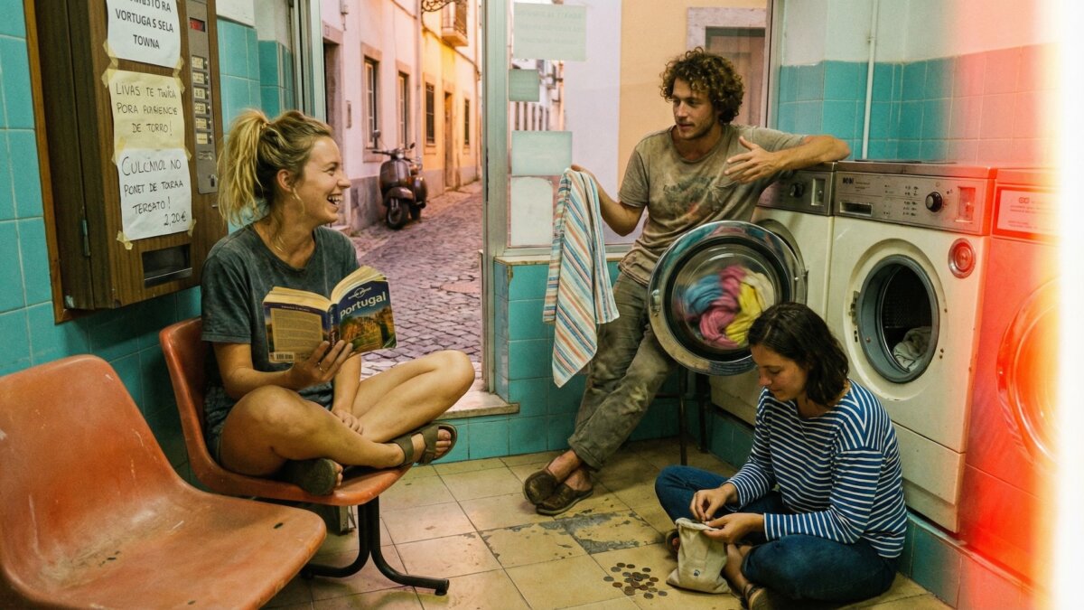 Drei Erasmus-Studierende im Waschsalon in Südeuropa, einer liest ein Buch auf der Waschmaschine, die anderen falten Wäsche und lachen, warmes Filmkorn