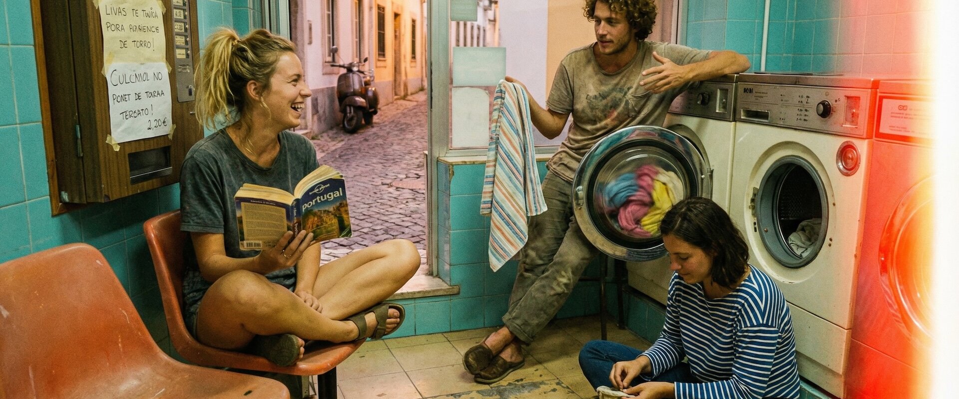 Drei Erasmus-Studierende im Waschsalon in Südeuropa, einer liest ein Buch auf der Waschmaschine, die anderen falten Wäsche und lachen, warmes Filmkorn