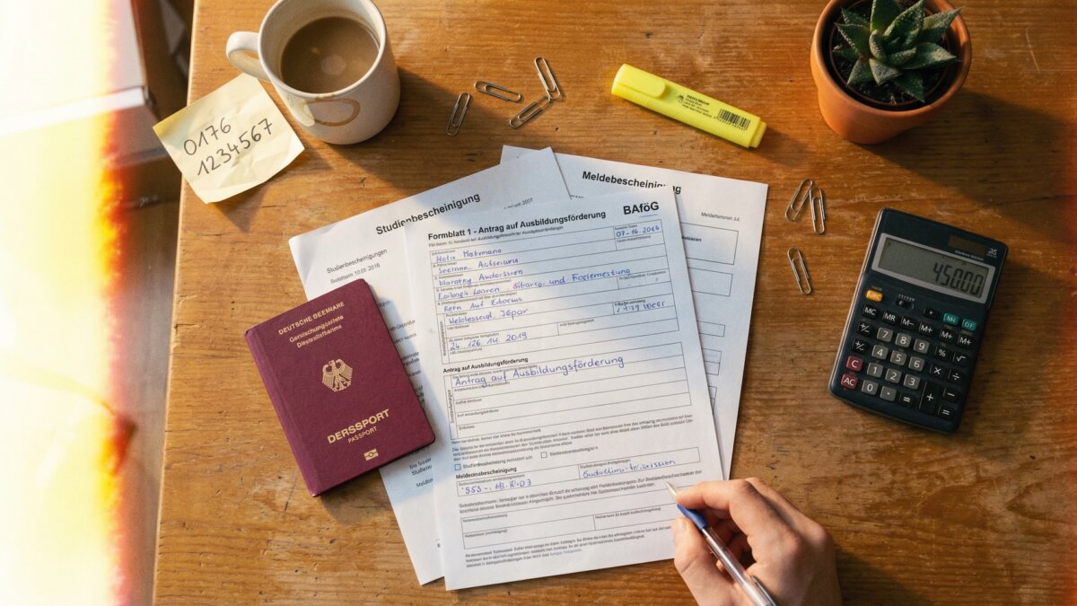 BAföG-Antragsformular auf Holzschreibtisch mit Reisepass, Studienbescheinigung, Taschenrechner und Kaffeetasse, Hand hält Kugelschreiber, warmes Filmkorn
