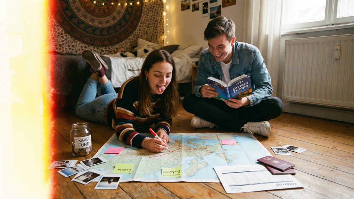 Zwei Studierende sitzen auf dem Boden eines WG-Zimmers mit Europa-Karte und Laptop zwischen sich und planen eine Reise, warmes Filmkorn