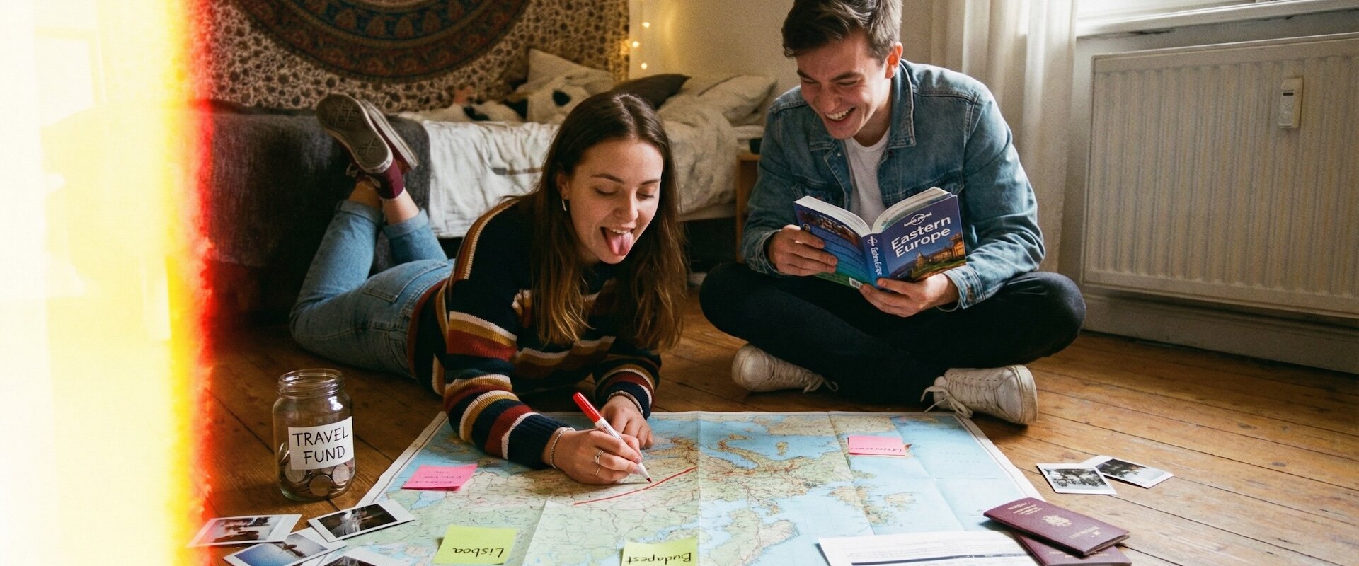 Zwei Studierende sitzen auf dem Boden eines WG-Zimmers mit Europa-Karte und Laptop zwischen sich und planen eine Reise, warmes Filmkorn