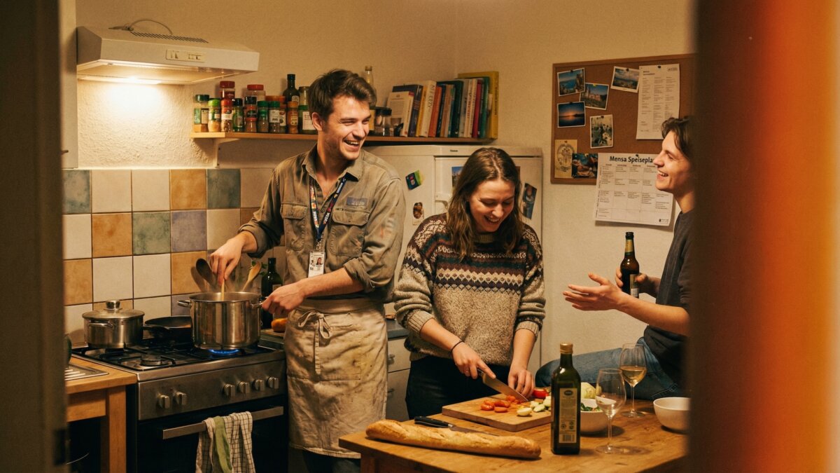 Drei Werkstudenten kochen lachend zusammen in einer kleinen WG-Küche, einer rührt im Topf mit Firmen-Lanyard um den Hals, warmes Filmkorn und Light Leak