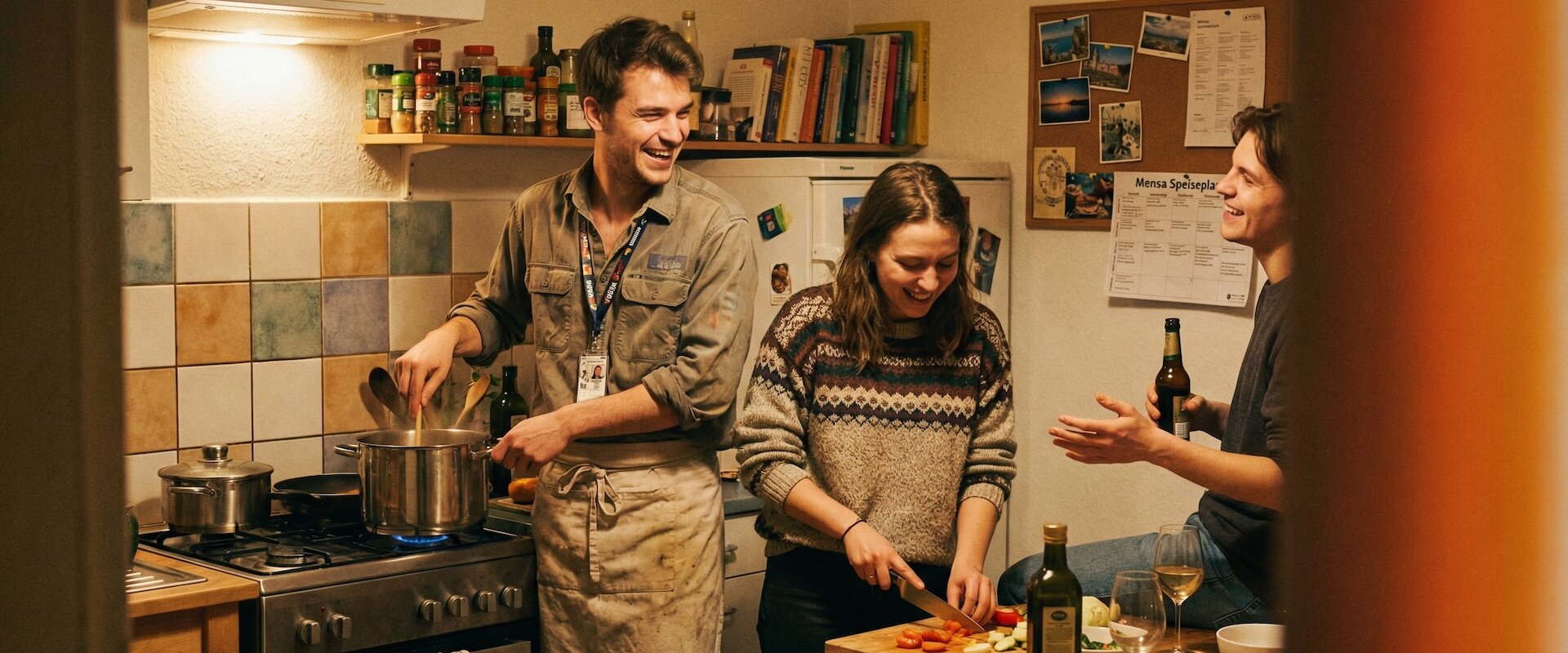 Drei Werkstudenten kochen lachend zusammen in einer kleinen WG-Küche, einer rührt im Topf mit Firmen-Lanyard um den Hals, warmes Filmkorn und Light Leak