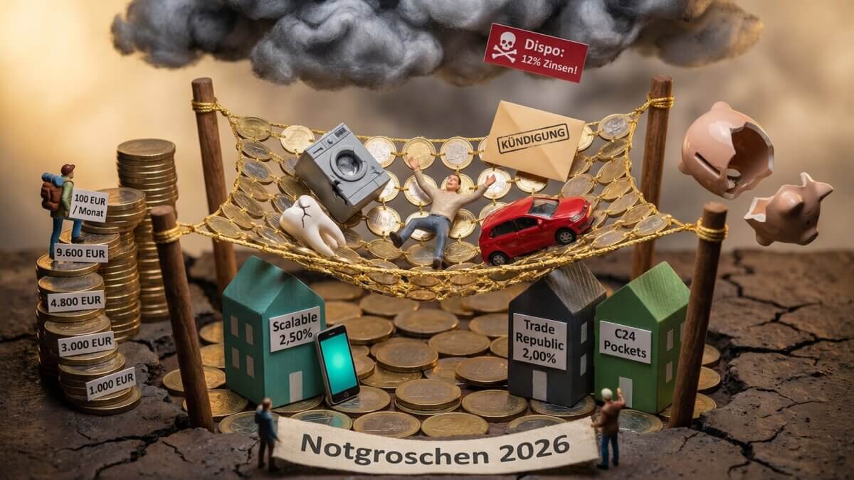Miniatur-Diorama mit goldenem Sicherheitsnetz aus Euromuenzen faengt fallende Figur mit kaputter Waschmaschine Auto und Kuendigungsbrief auf, darunter Neobank-Haeuschen Scalable 2,50 Prozent Trade Republic 2,00 Prozent und C24 Pockets, Muenztreppe von 1.000 bis 9.600 Euro