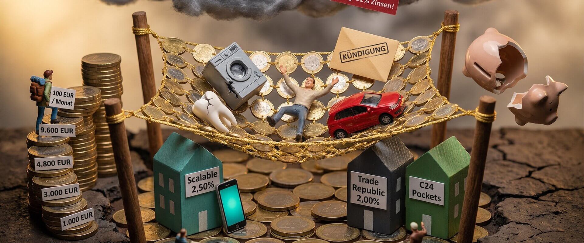 Miniatur-Diorama mit goldenem Sicherheitsnetz aus Euromuenzen faengt fallende Figur mit kaputter Waschmaschine Auto und Kuendigungsbrief auf, darunter Neobank-Haeuschen Scalable 2,50 Prozent Trade Republic 2,00 Prozent und C24 Pockets, Muenztreppe von 1.000 bis 9.600 Euro