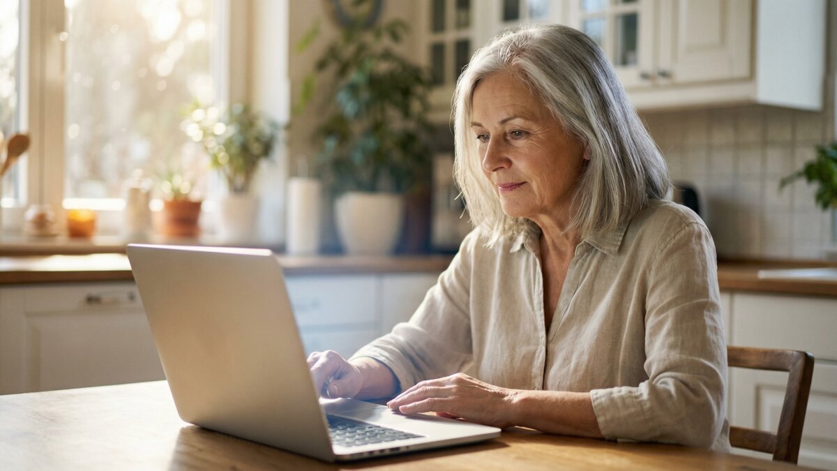 Ältere Frau sitzt konzentriert und ruhig vor einem Laptop am hellen Küchentisch, warmes Morgenlicht durch das Fenster