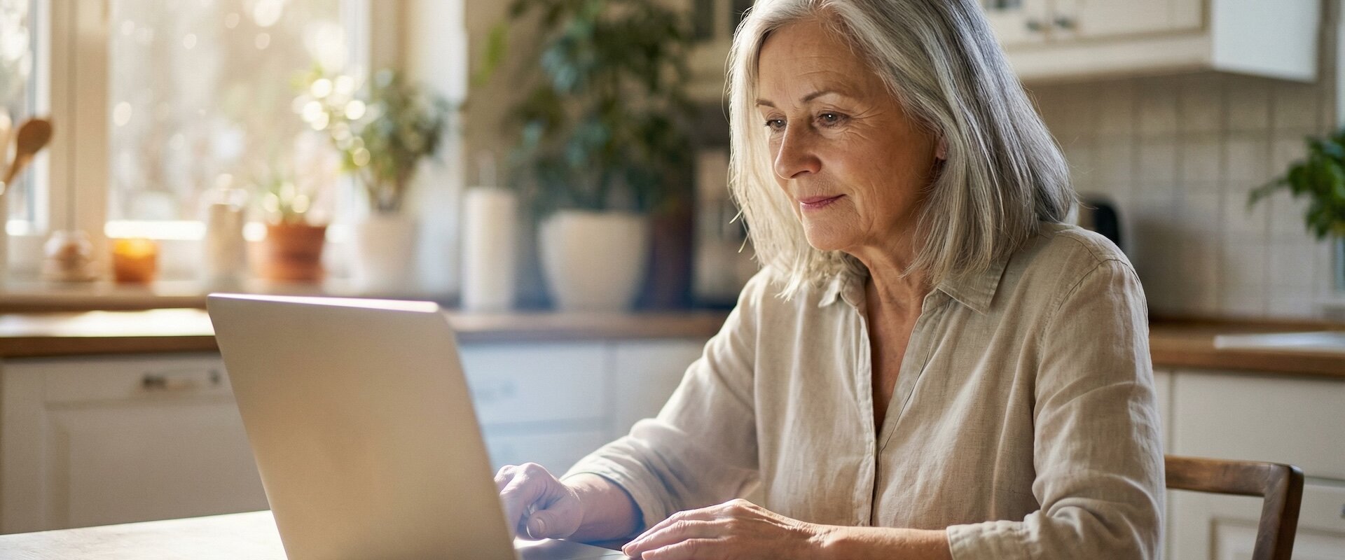 Ältere Frau sitzt konzentriert und ruhig vor einem Laptop am hellen Küchentisch, warmes Morgenlicht durch das Fenster