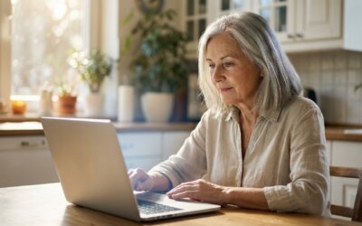 Ältere Frau sitzt konzentriert und ruhig vor einem Laptop am hellen Küchentisch, warmes Morgenlicht durch das Fenster