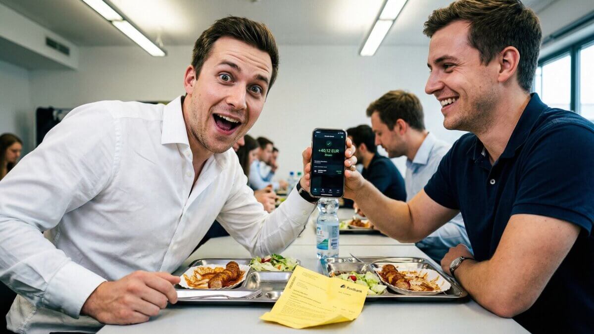 Zwei Kollegen in der Kantine, einer zeigt begeistert die Zinsgutschrift seiner Banking-App, der andere staunt mit offenem Mund