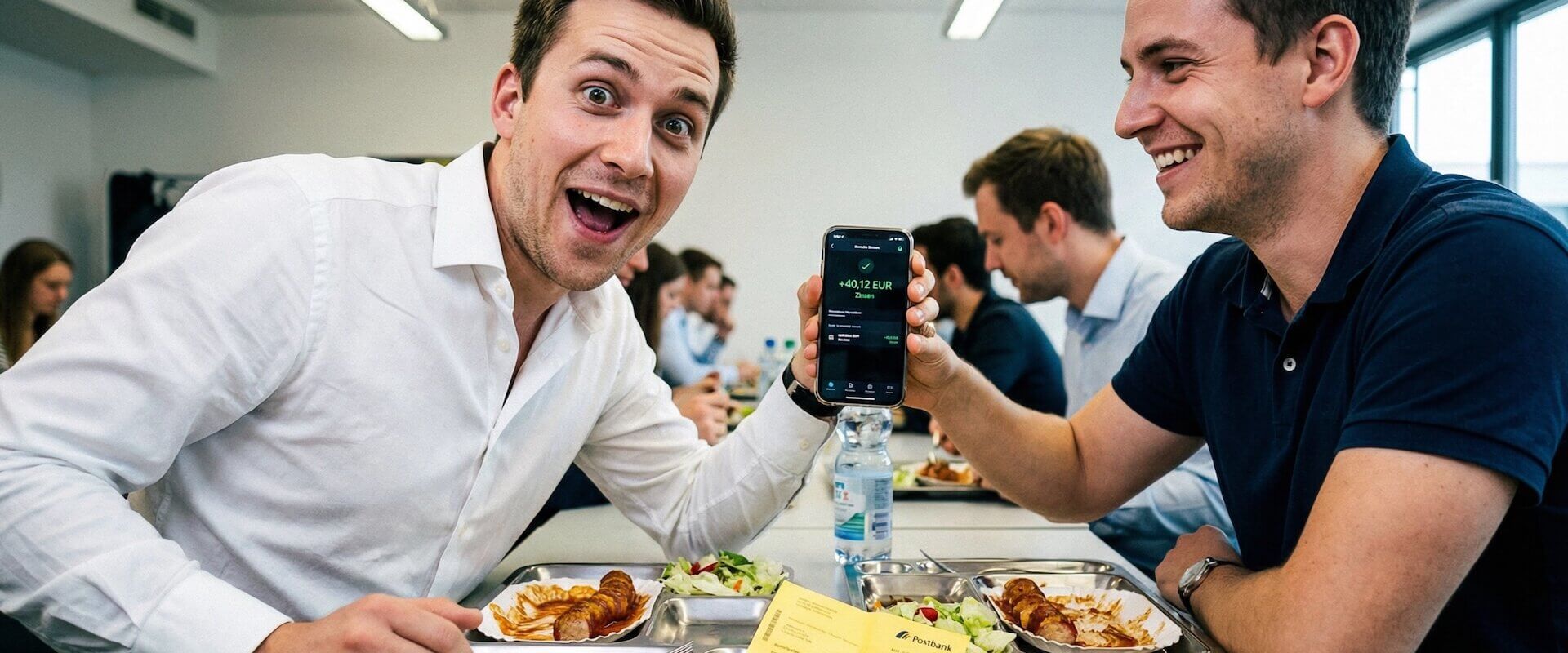 Zwei Kollegen in der Kantine, einer zeigt begeistert die Zinsgutschrift seiner Banking-App, der andere staunt mit offenem Mund