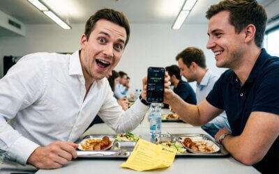 Zwei Kollegen in der Kantine, einer zeigt begeistert die Zinsgutschrift seiner Banking-App, der andere staunt mit offenem Mund